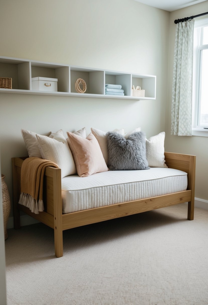 A cozy daybed sits in a tidy guest room, adorned with soft pillows and a warm throw blanket. The room is clutter-free, with neatly organized shelves and a clean, uncluttered floor