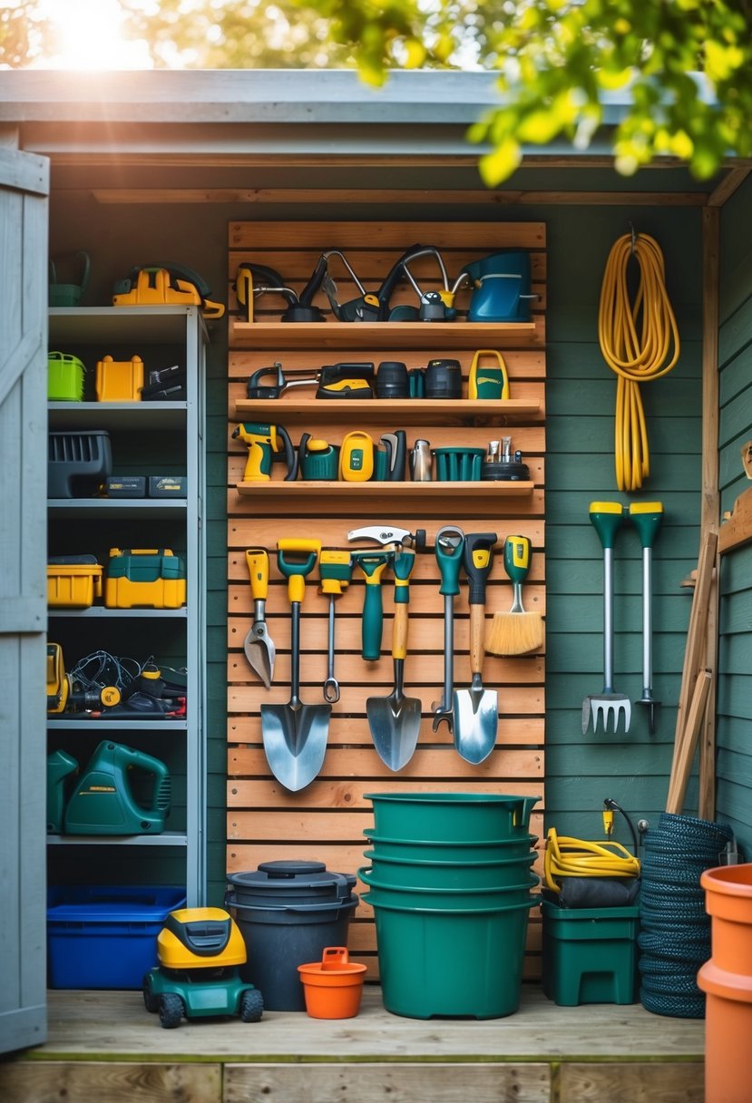 A wall-mounted garden tool rack organizing various tools and equipment in a cluttered shed
