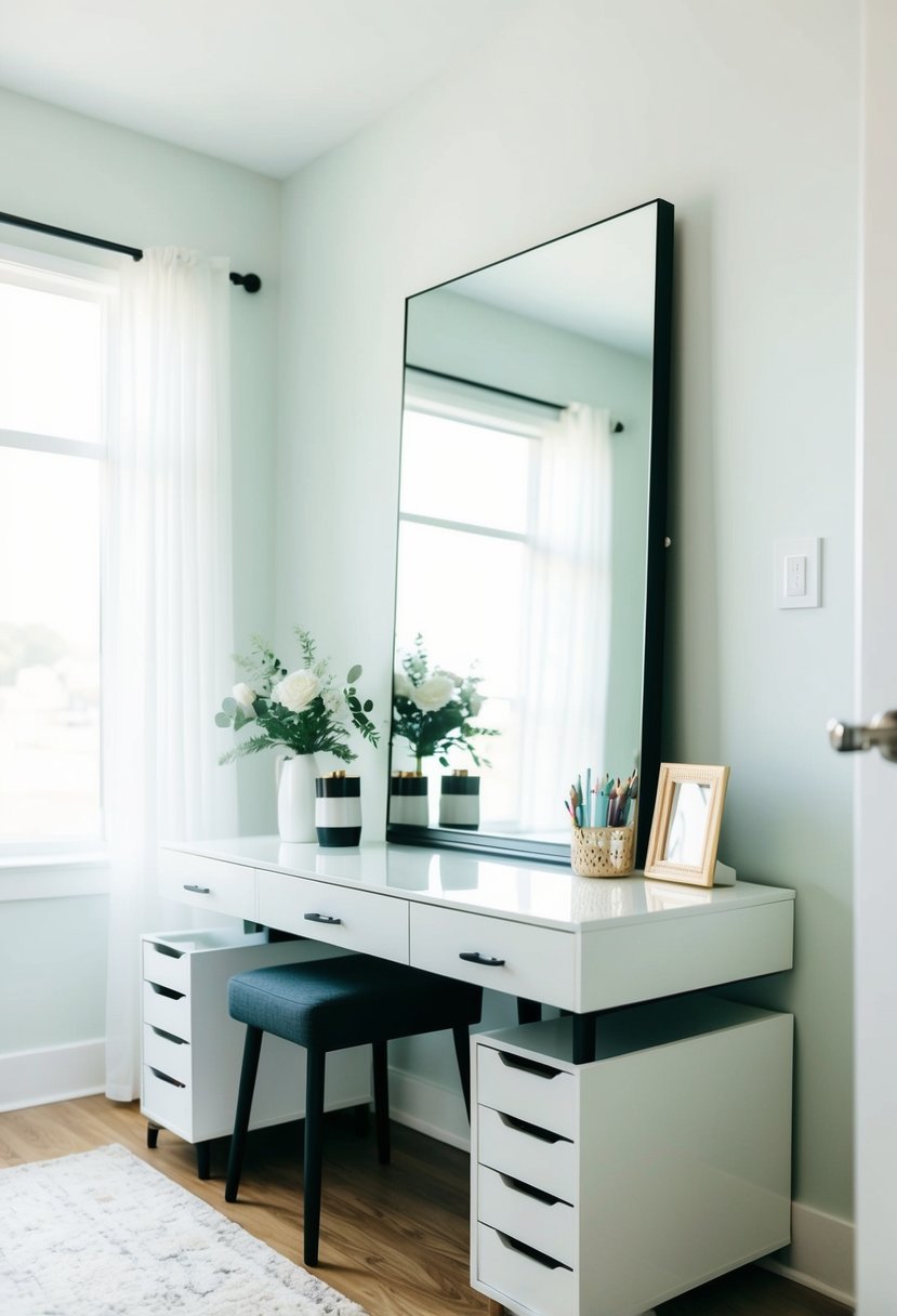 A sleek, modern desk with a large mirror and organized storage compartments sits against a wall in a bright, airy guest room