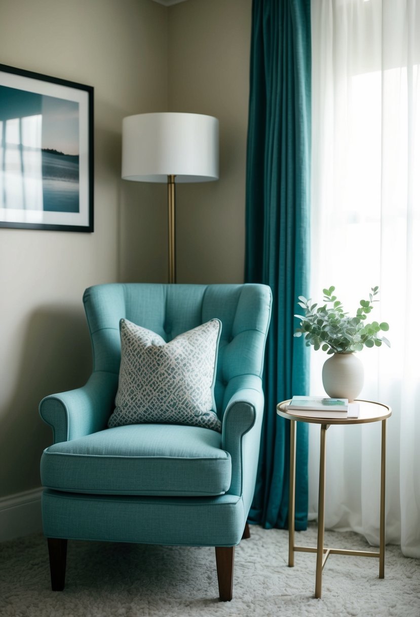 A cozy reading chair sits beside a small side table in a decluttered guest room