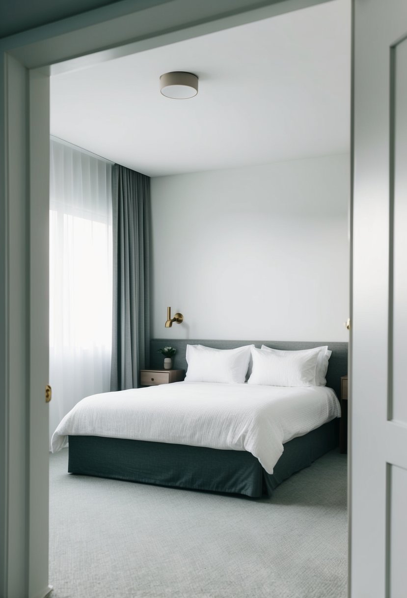 A spacious guest room with a full-length mirror, tidy bed, and minimal decor