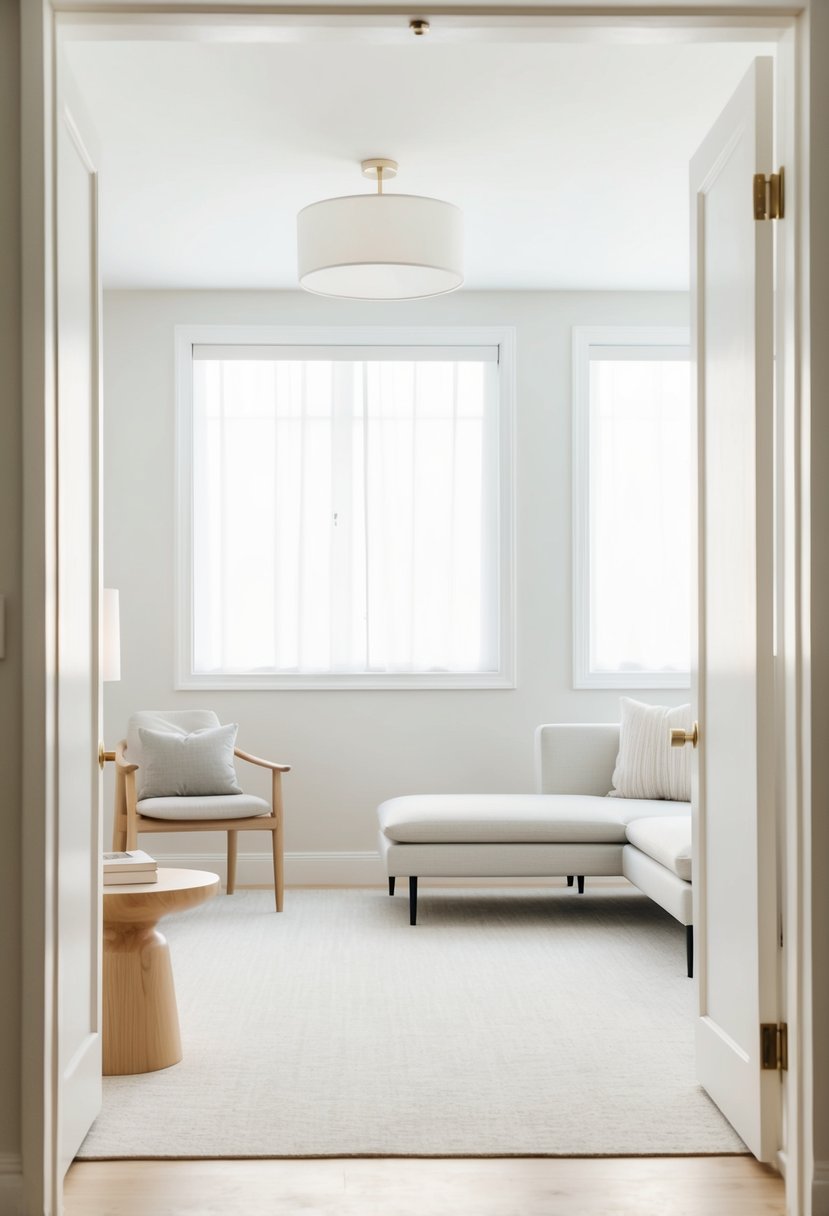 A bright, airy guest room with minimal furniture and light, neutral colors to create a sense of spaciousness