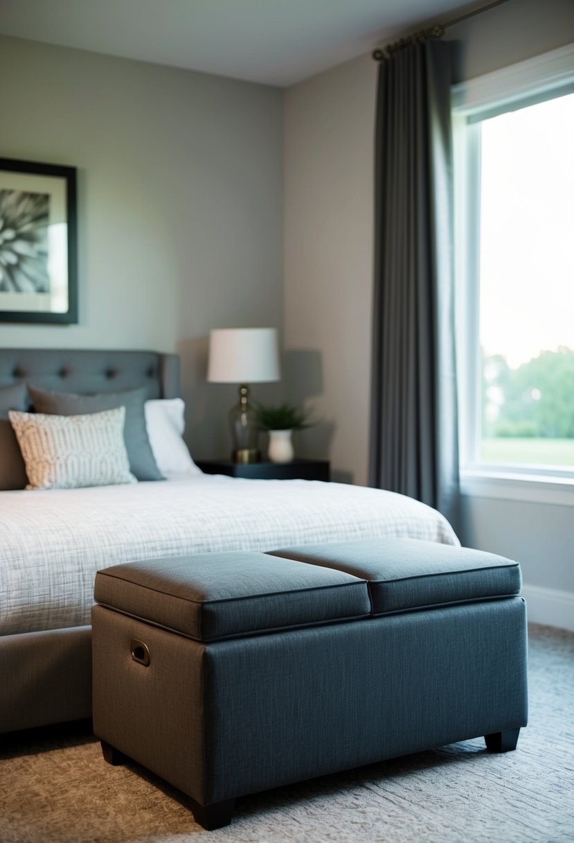 An ottoman with hidden storage sits in a tidy guest room, doubling as a seat and a place to stow away belongings