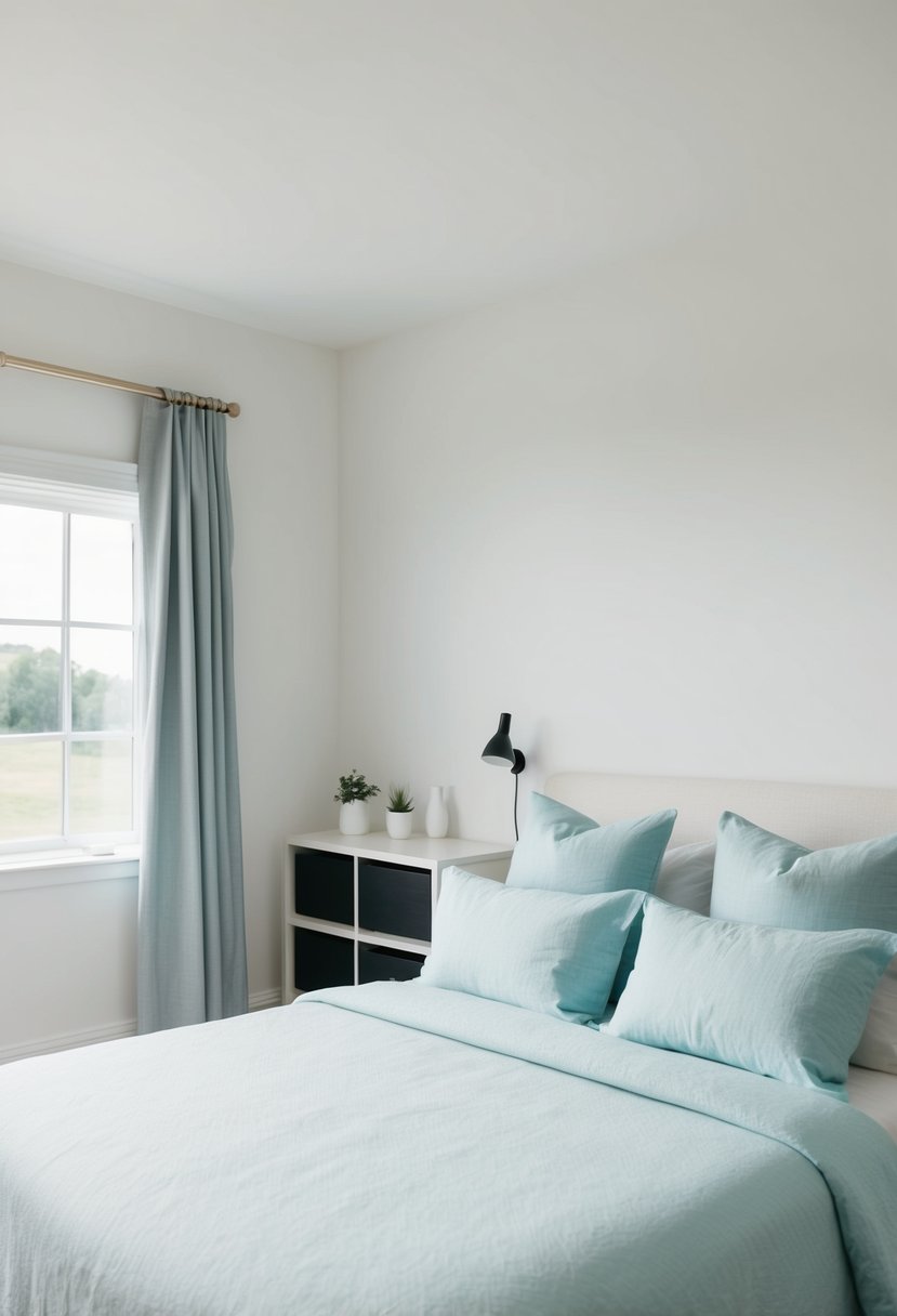A neatly made bed with fresh linens, empty surfaces, and organized storage in a bright, airy guest room