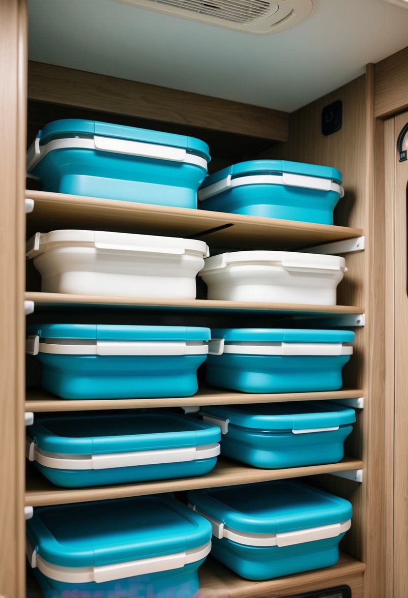 A neatly organized RV shelf with collapsible silicone containers stacked and arranged, creating a sense of order and space-saving efficiency