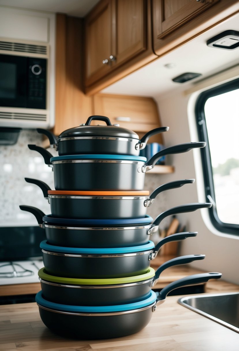 A neatly organized stack of pots and pans being sorted and decluttered in an RV kitchen