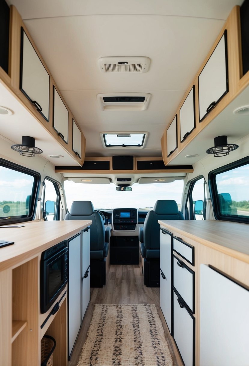 An RV interior with neatly organized storage compartments, minimal decor, and open space, creating a sense of cleanliness and order