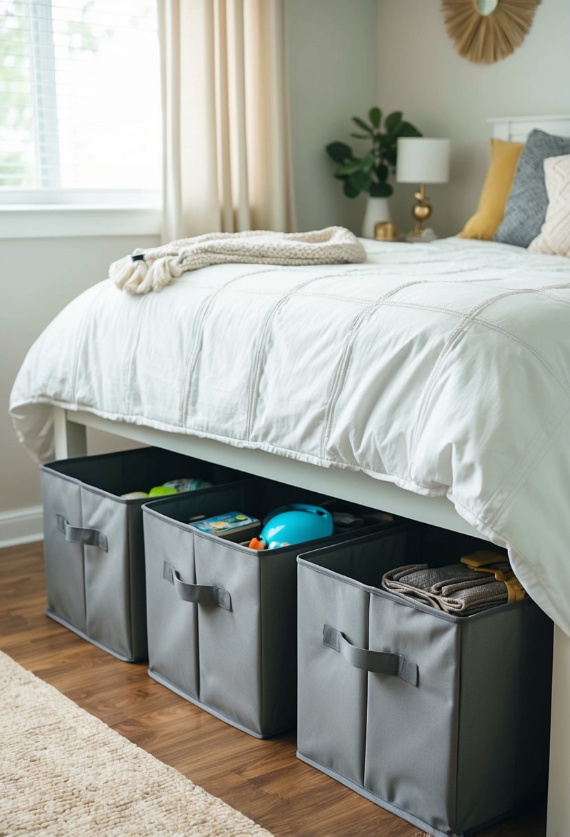 Under-bed storage bins neatly organized with various items, decluttering the bedroom