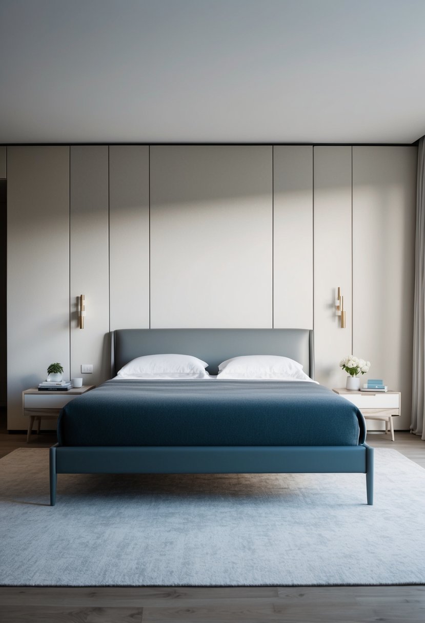 A sleek, low-profile bed frame with clean lines sits in a clutter-free bedroom with minimal decor and neutral colors