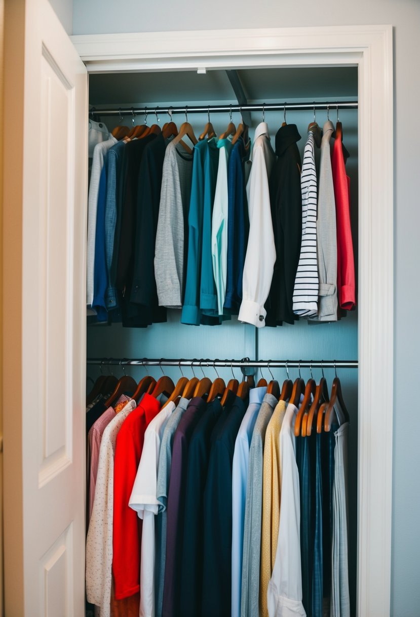 A small bedroom with neatly organized clothes on slim, space-saving hangers