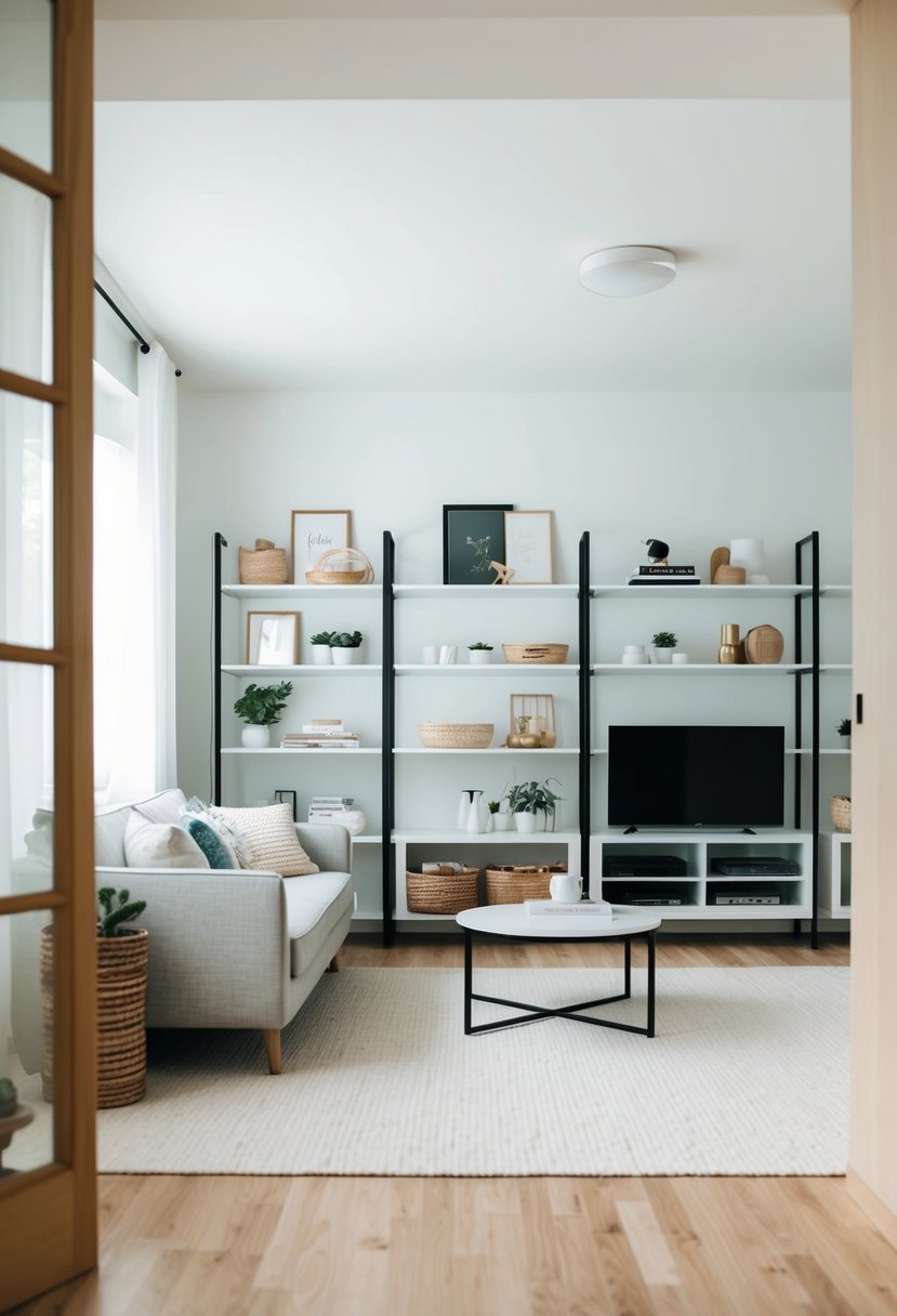 A tidy living room with organized shelves, clear surfaces, and minimal decor. A cozy sofa and a few carefully chosen decorations complete the space