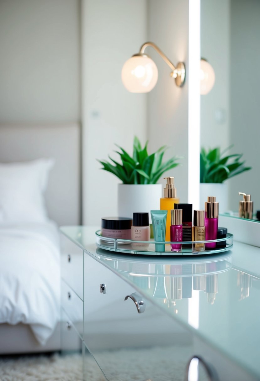 A sleek vanity tray holds neatly arranged beauty products on a clean, uncluttered surface, adding a touch of organization to a serene bedroom
