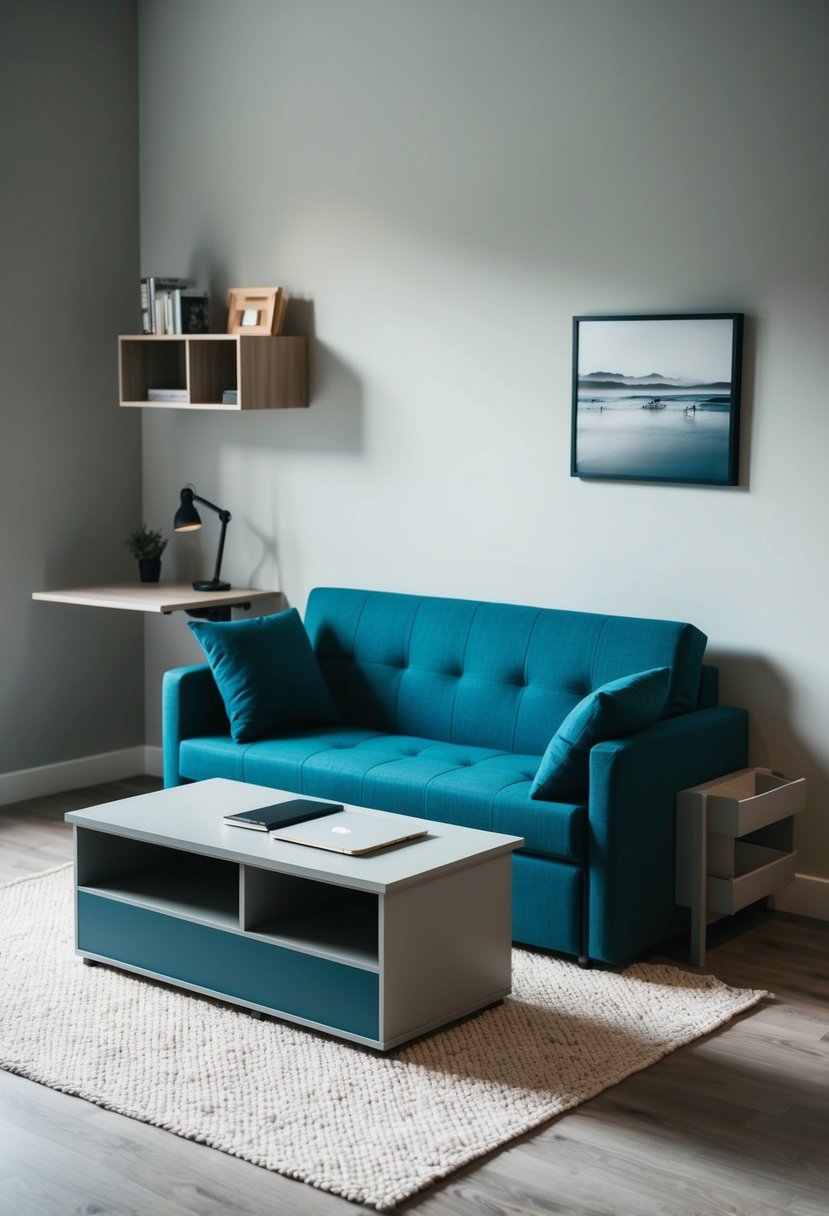 A convertible sofa with built-in storage, a coffee table with hidden compartments, and a wall-mounted shelf with fold-out desk