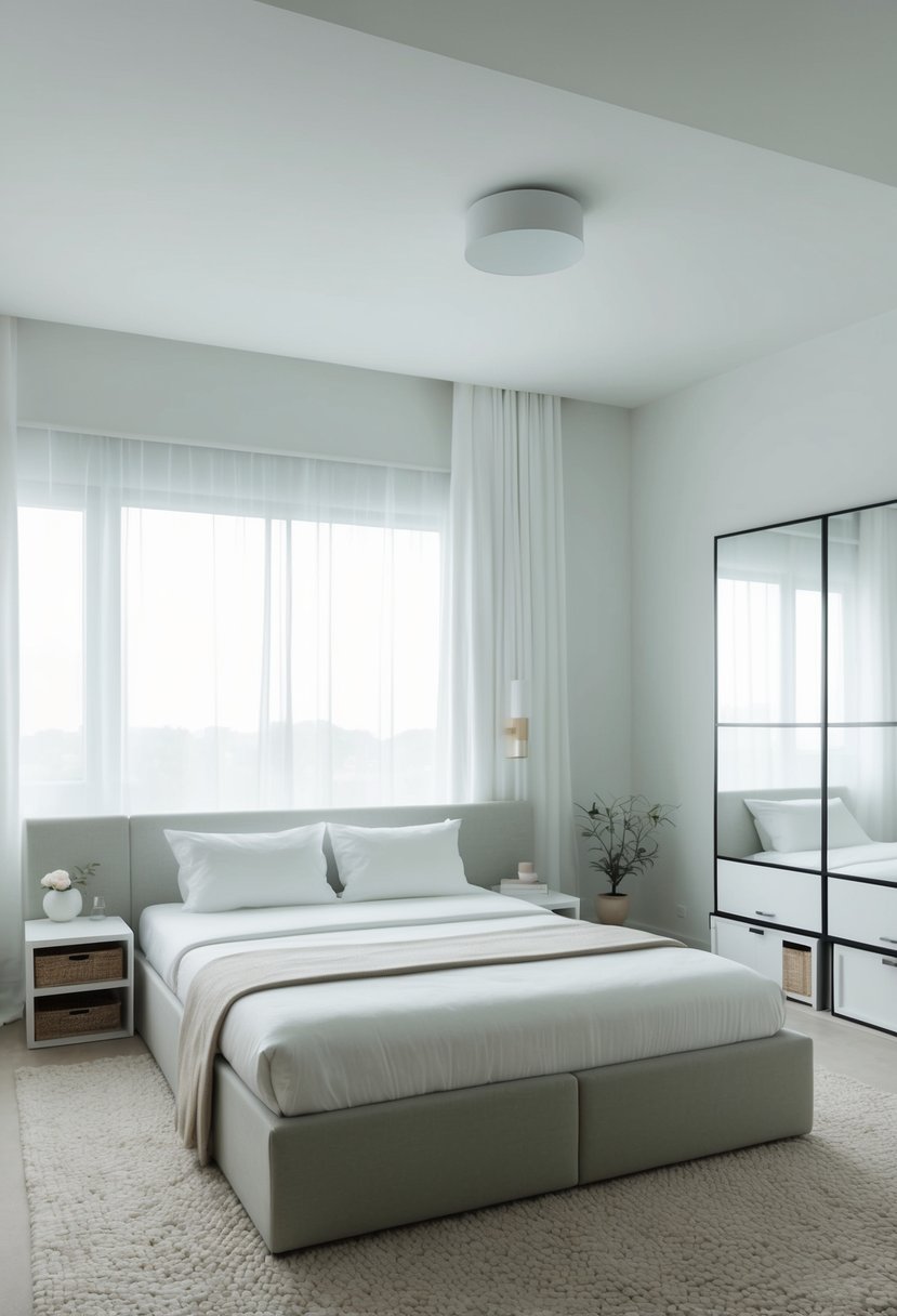 A serene bedroom with minimal furniture and storage solutions, organized and free of clutter. A tidy bed, neatly arranged decor, and ample space for movement