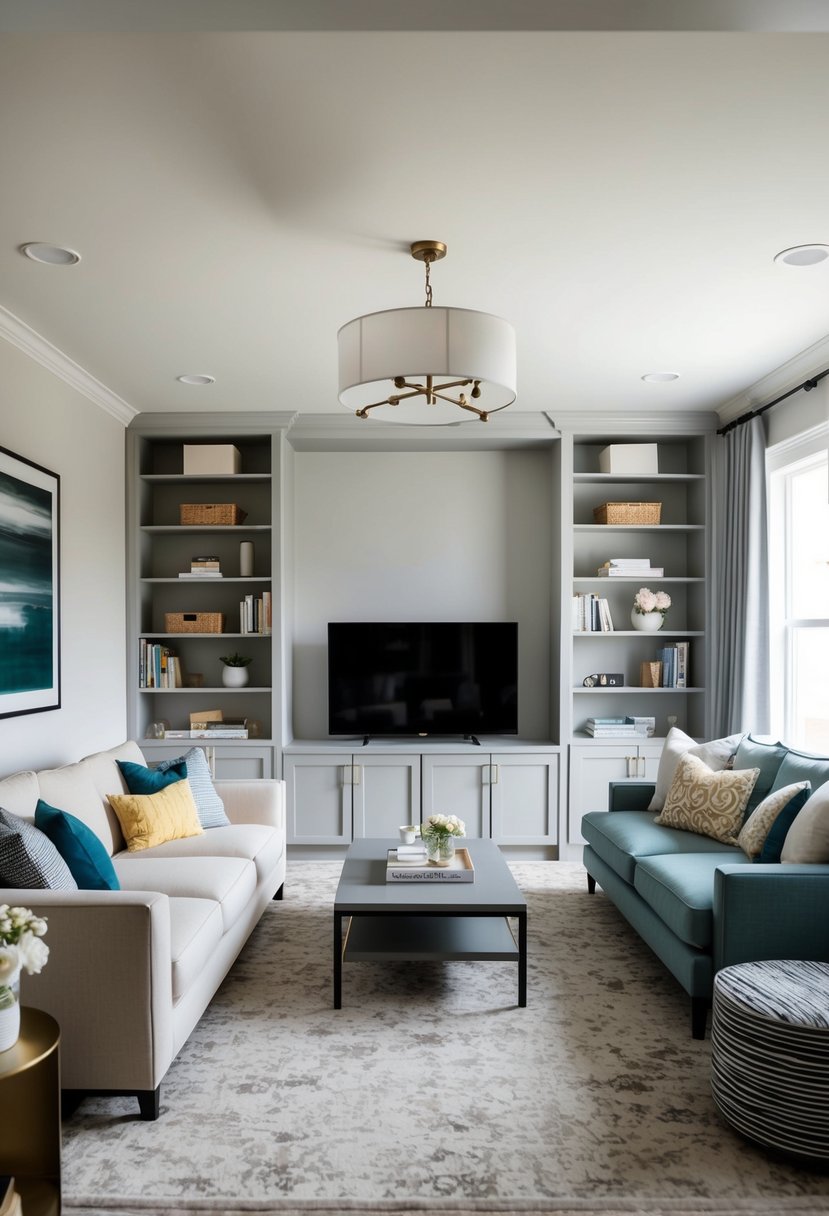 A living room with clear zones for seating, reading, and entertainment. Clutter-free surfaces and organized storage