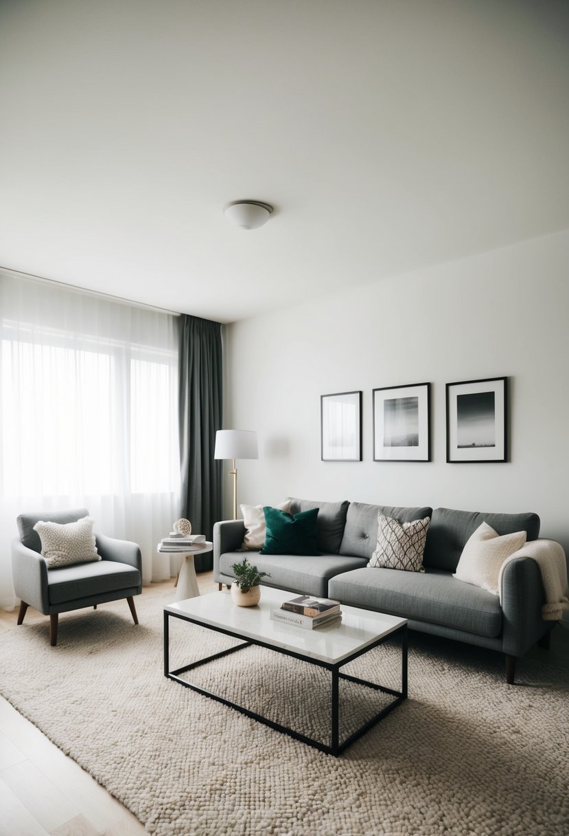 The living room is sparsely decorated with a few carefully chosen items. The space feels open and uncluttered, with clean lines and minimal distractions