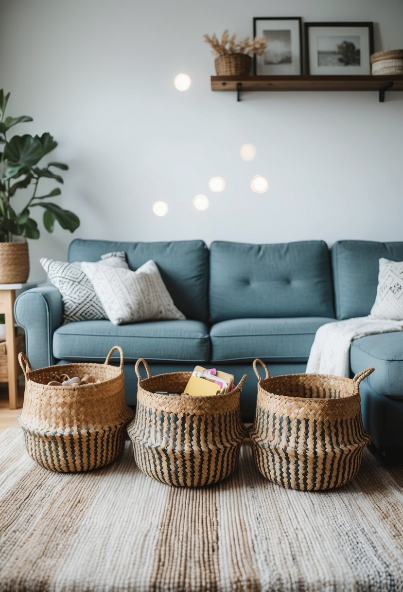 Baskets neatly organize scattered items in a tidy living room