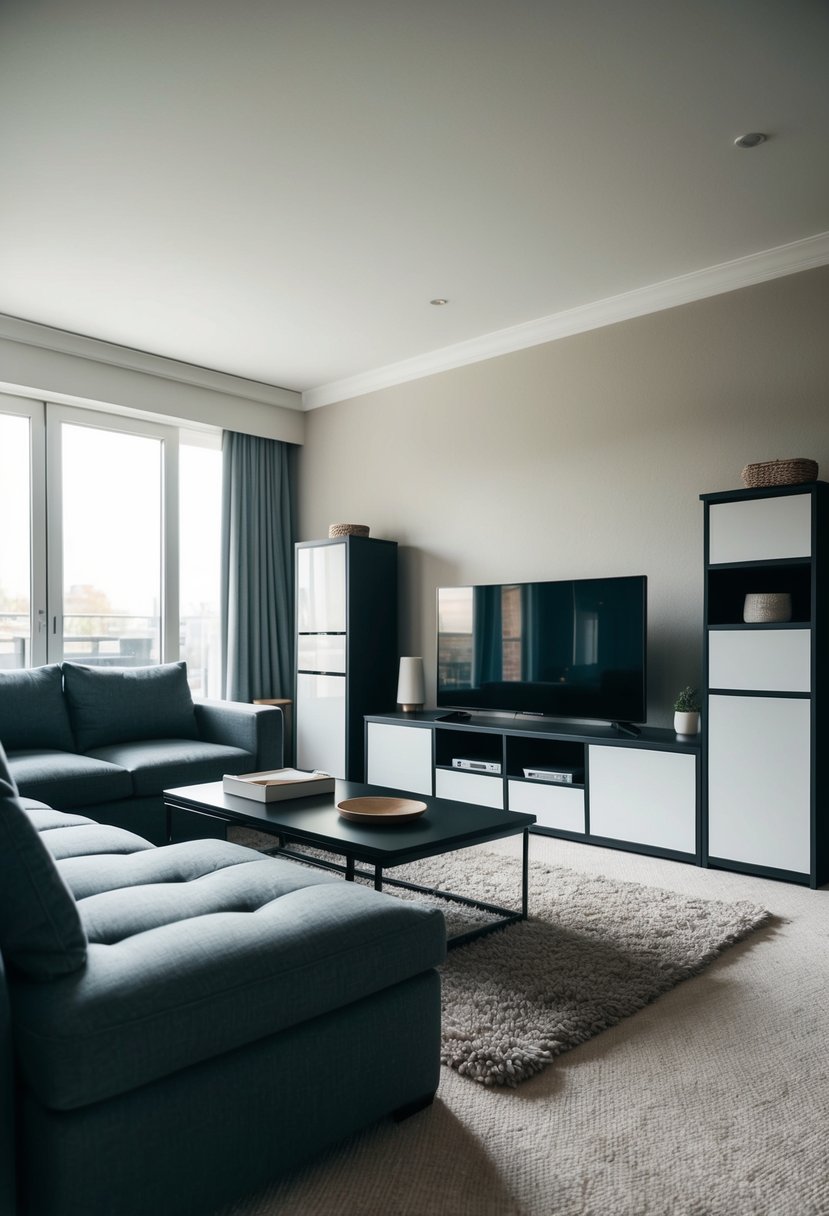 A cozy living room with a stylish sofa and coffee table. The room is clutter-free with hidden storage solutions such as a sleek TV stand with built-in storage compartments and a stylish ottoman with a lift-up top for extra storage