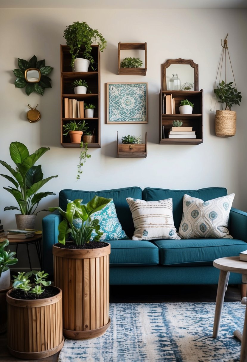 Old items transformed into planters, bookshelves, and wall art. A clutter-free living room with repurposed decor