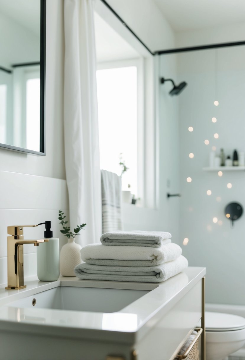 A clean, organized bathroom with neatly arranged toiletries, folded towels, and minimal decor