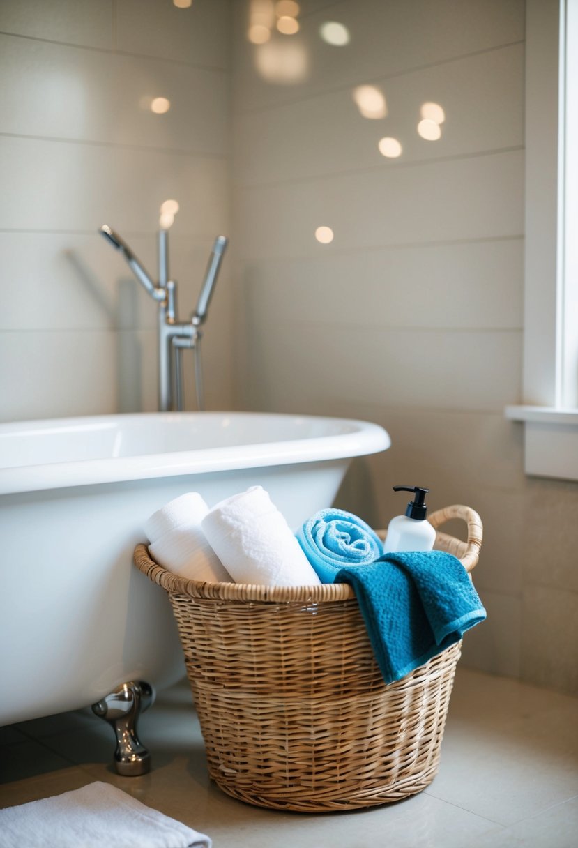 A wicker basket sits by a bathtub, filled with towels and toiletries. The bathroom is tidy and organized, with minimal clutter