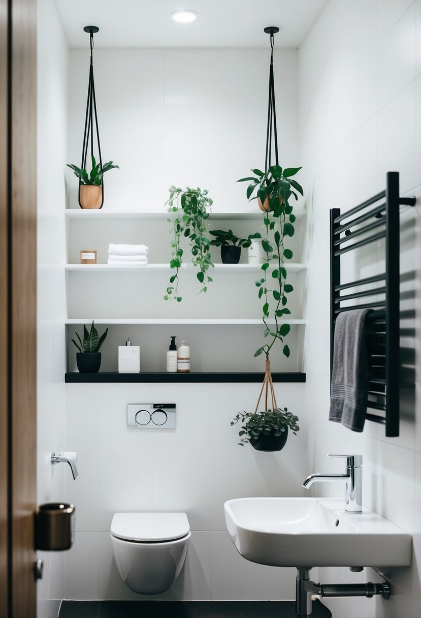 A minimalist bathroom with neatly organized shelves, hanging plants, and a sleek towel rack maximizing vertical space