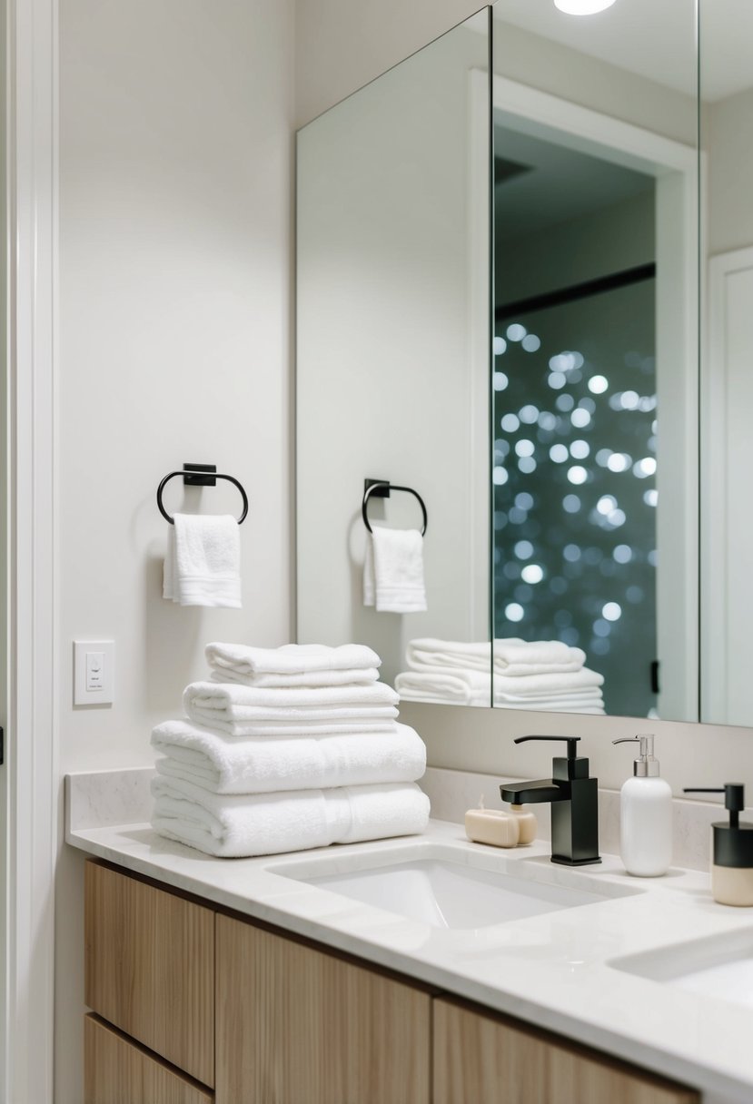 A clean, organized bathroom with neatly folded towels, minimal toiletries, and clear countertops