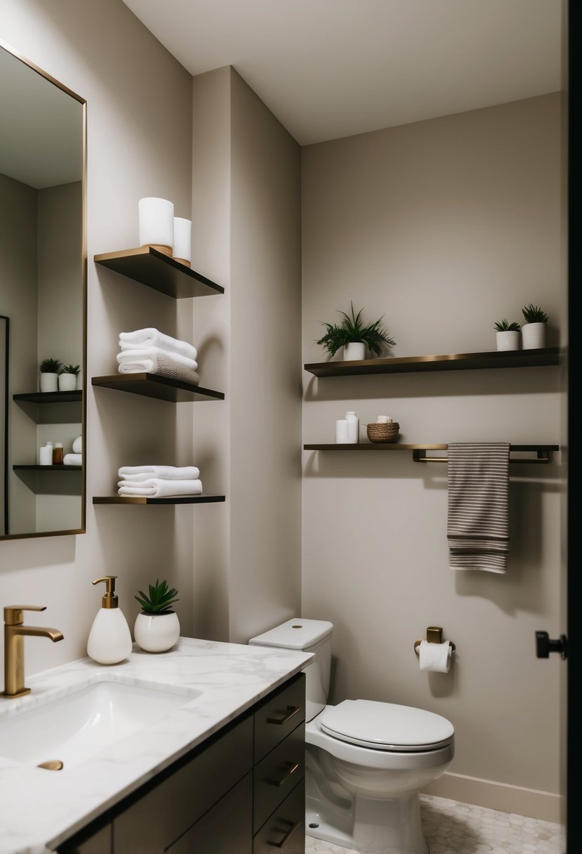 A serene bathroom with neatly organized shelves, minimalistic decor, and tidy countertops