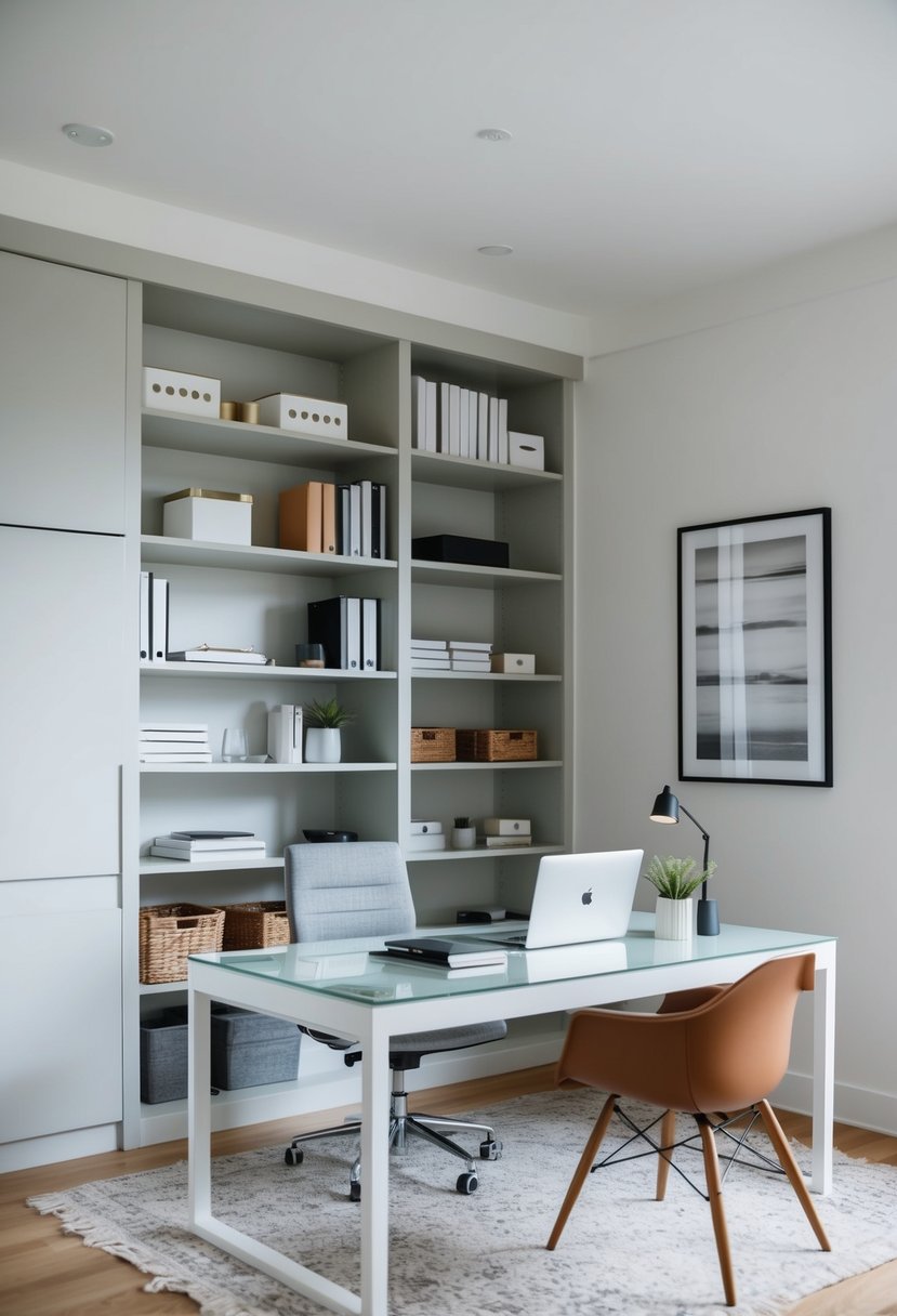 A tidy home office with organized shelves, a clear desk, and minimal decor