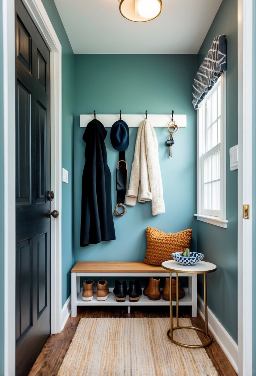 A neatly organized entryway with a shoe rack, coat hooks, and a small table with a decorative bowl for keys