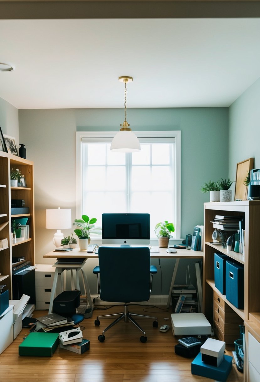 A cluttered home office with items being removed and replaced one by one to create a more organized and spacious environment