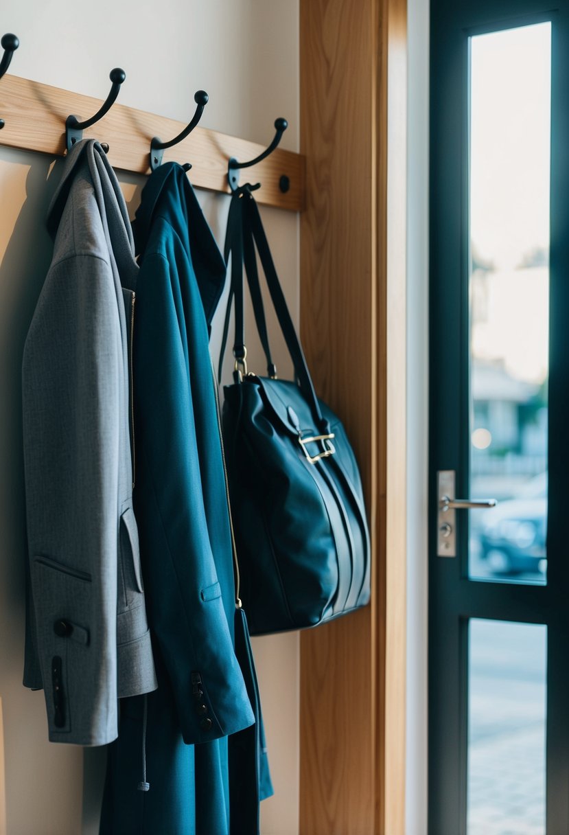A wall-mounted coat rack hangs by the door, with neatly organized jackets and bags