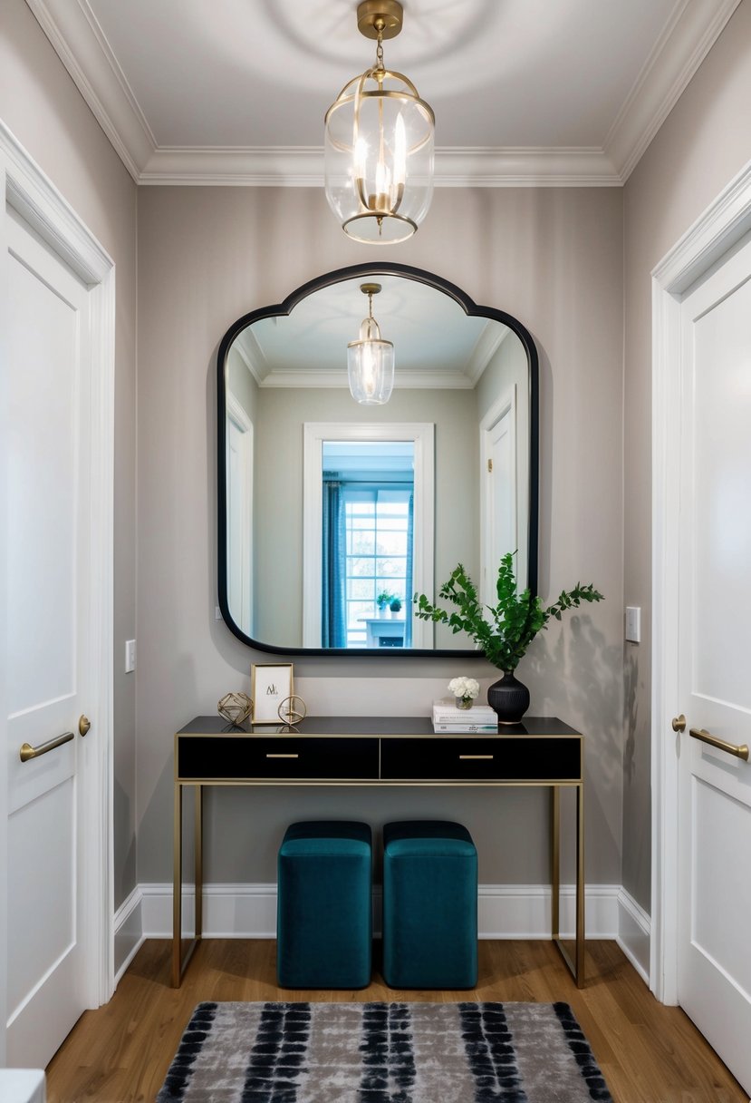 A large mirror hangs above a tidy entryway with a sleek console table and a few carefully placed decor items