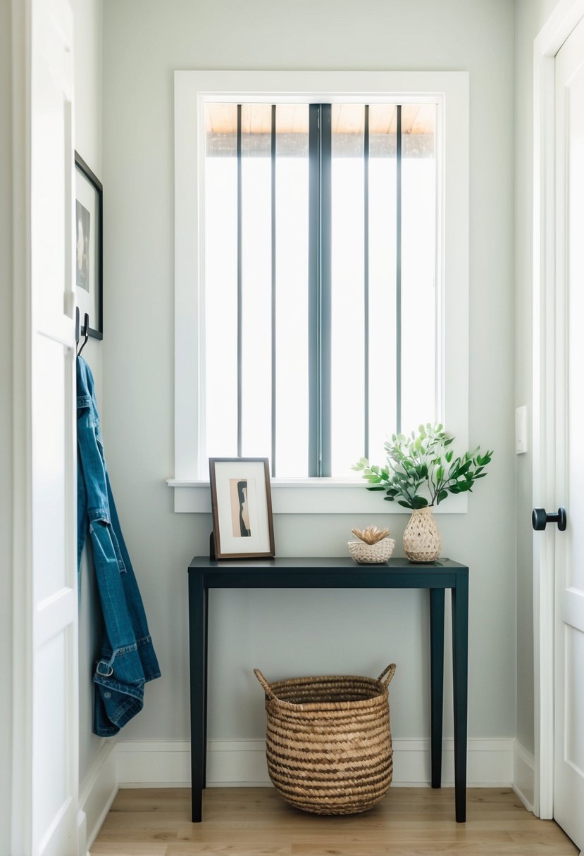 A small console table sits in a tidy entryway, adorned with a few carefully selected decorative items. The space feels open and organized