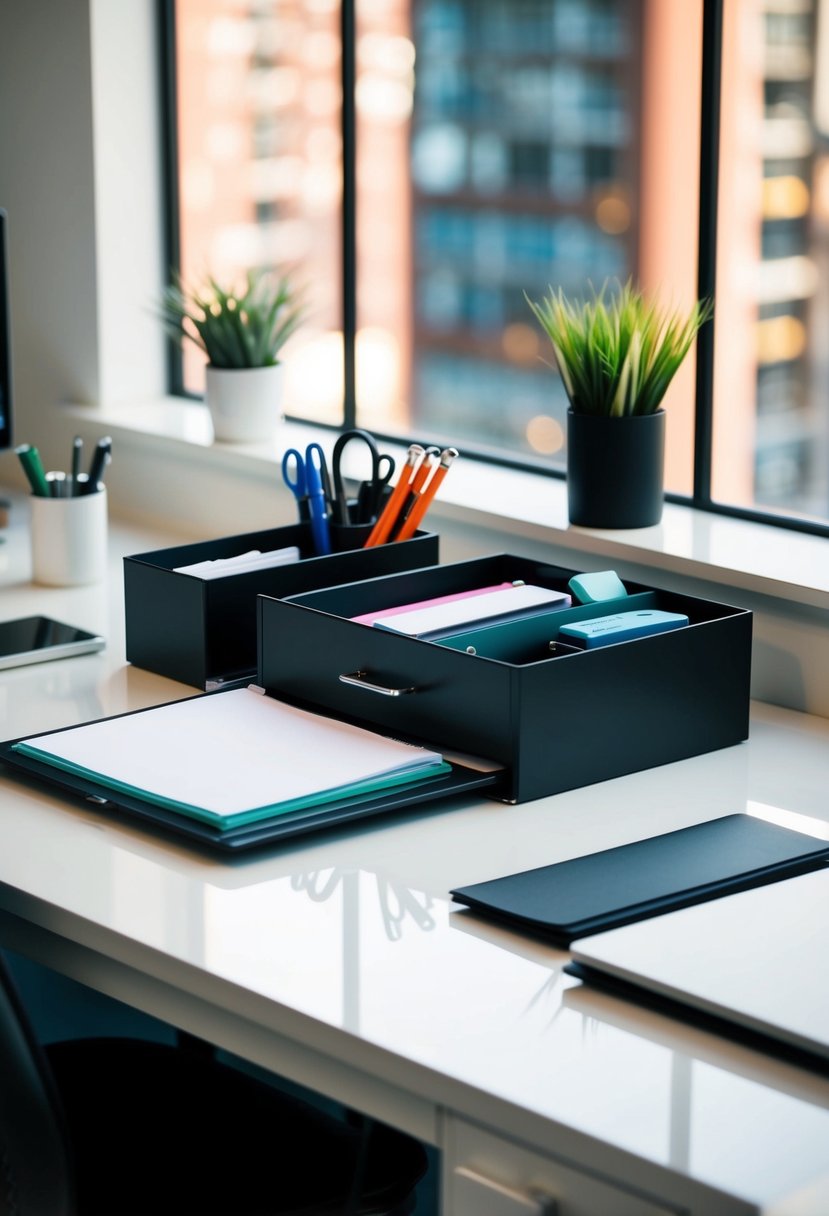 A tidy desk with a drawer organizer holding neatly arranged stationery and office supplies