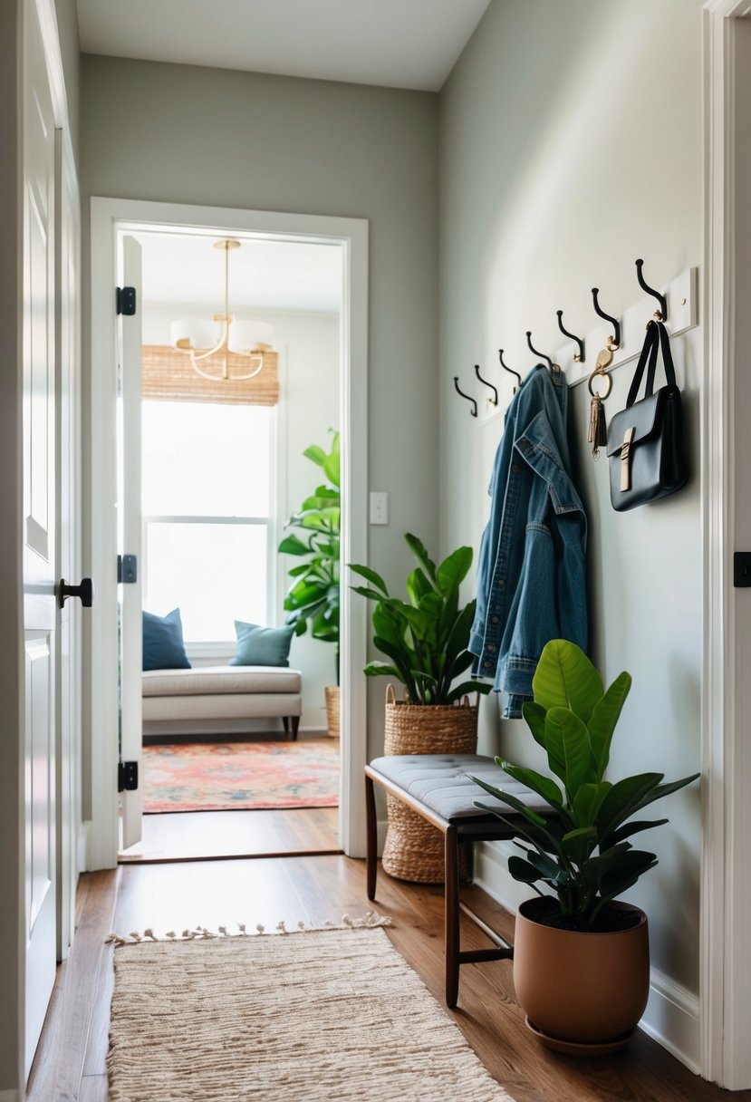 Wall hooks hold keys in tidy entryway. Coat rack nearby. Rug and plants add warmth