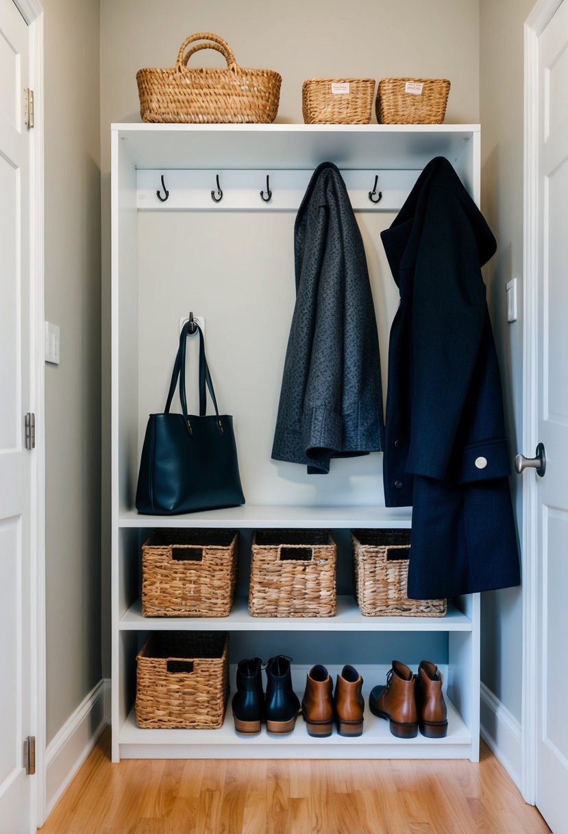 A compact shelving unit in an entryway, with neatly organized shoes, baskets for accessories, and hooks for hanging coats and bags