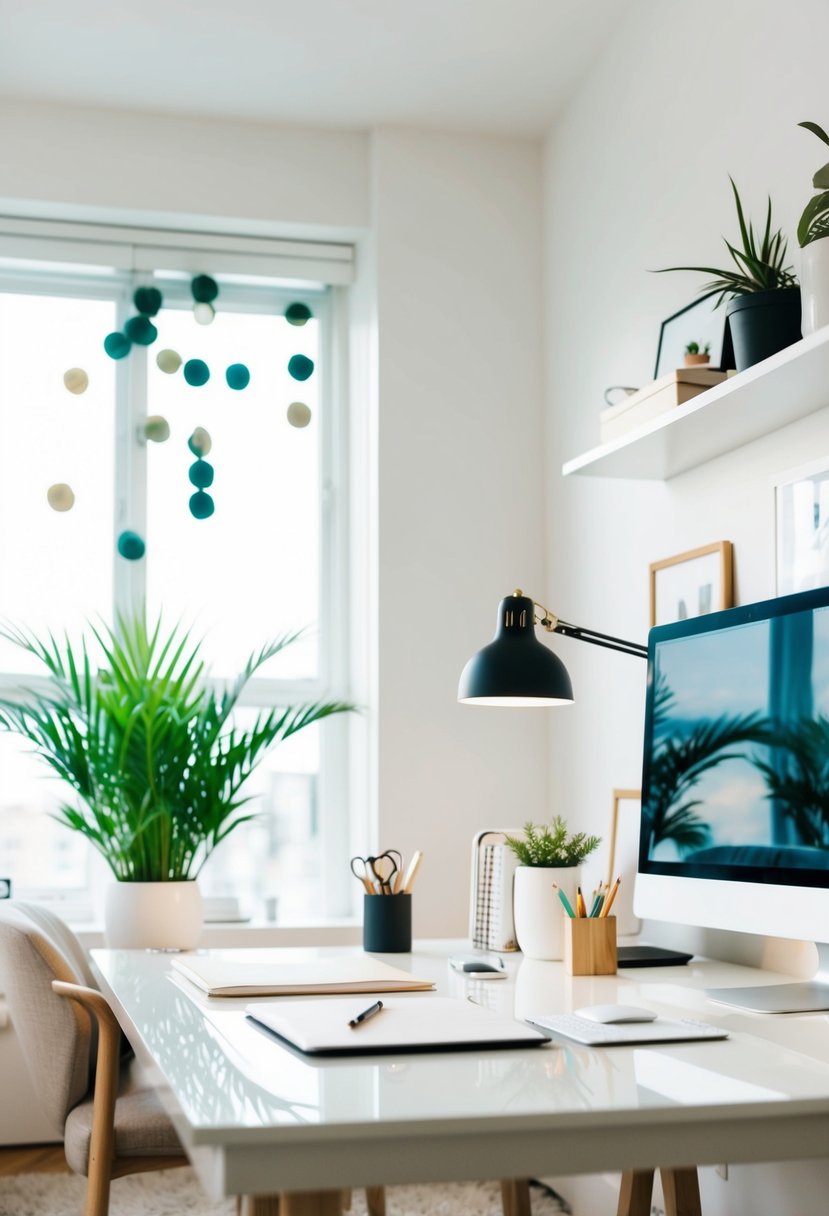 A clean, organized home office with minimal decor, neatly arranged desk supplies, and clear surfaces