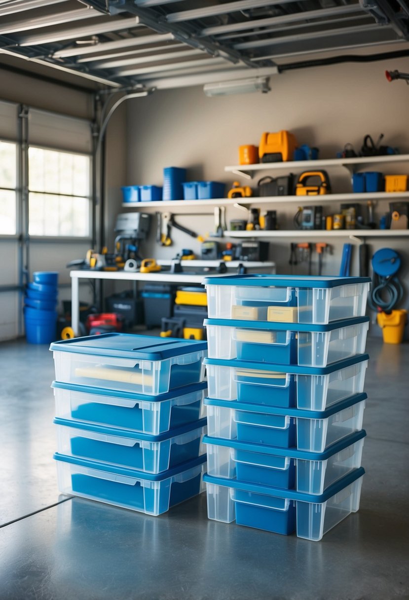 Clear storage bins neatly organized in a spacious garage, with tools and equipment visible and easily accessible