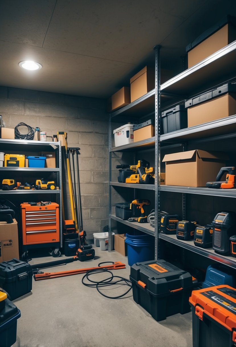 A cluttered basement with tools and boxes, shelves being mounted on the wall to organize the space