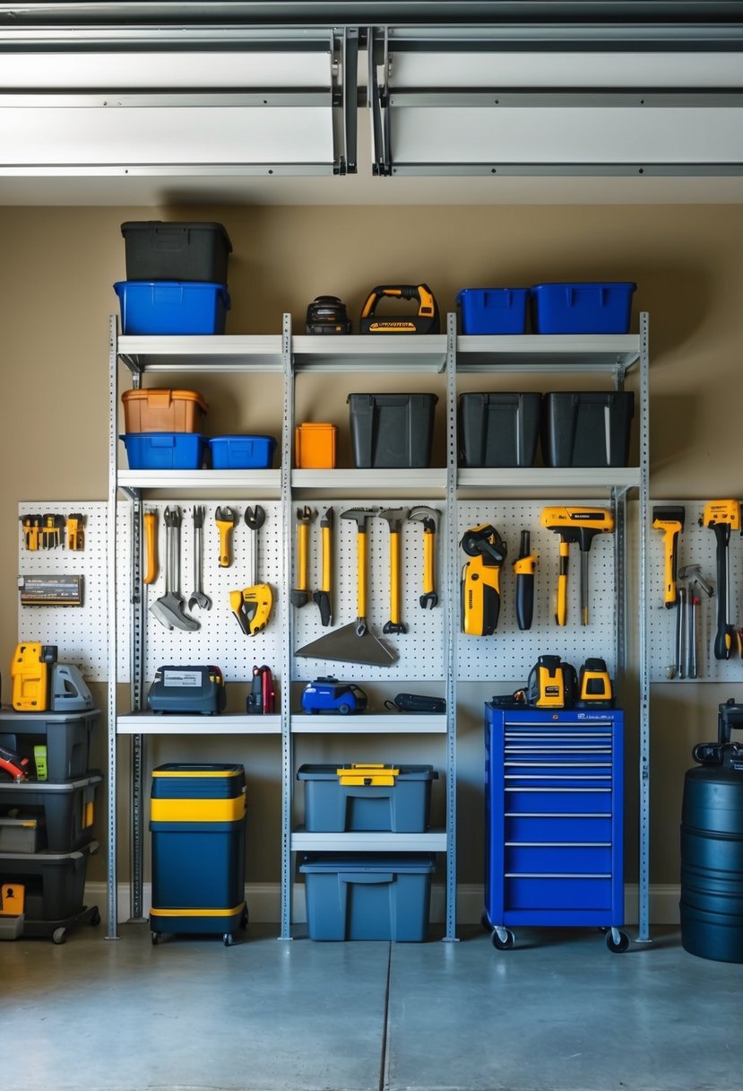 A cluttered garage transformed into an organized space with adjustable shelving units holding various tools, storage bins, and equipment