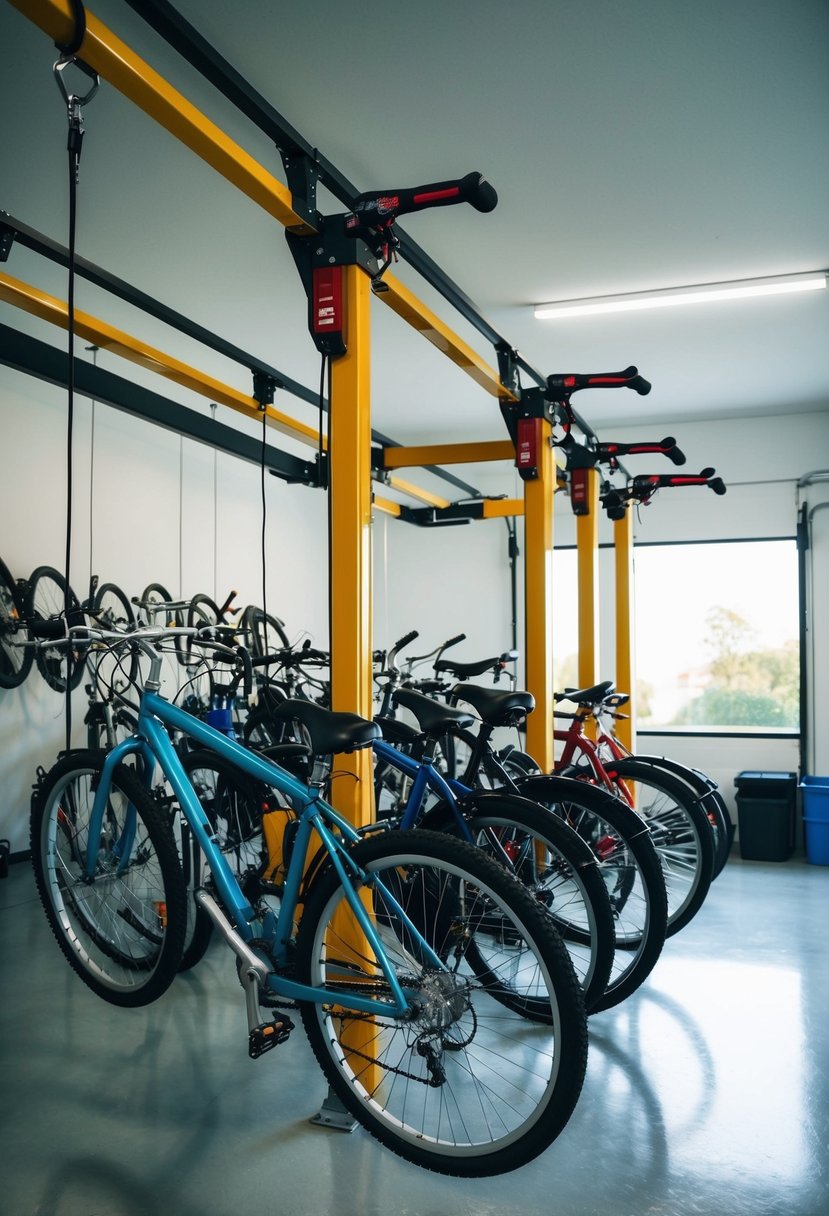 Bicycles suspended from hoists in a tidy, organized garage