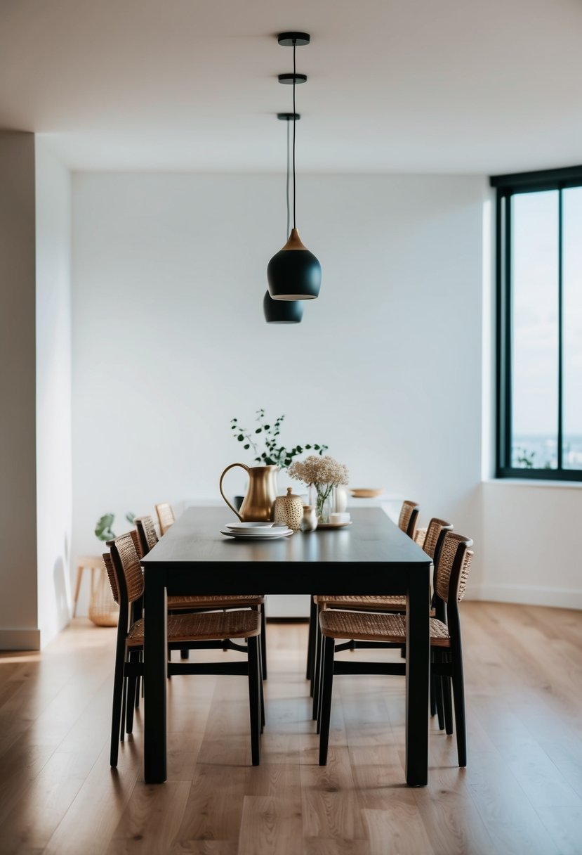 A dining room table with few decorative items, surrounded by clear space and minimal furniture