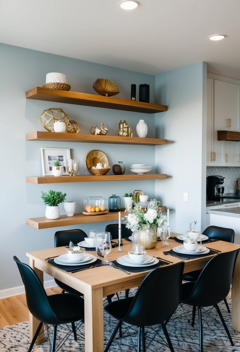 Floating shelves adorned with decorative items and neatly arranged dining room essentials, creating a clutter-free and visually appealing space