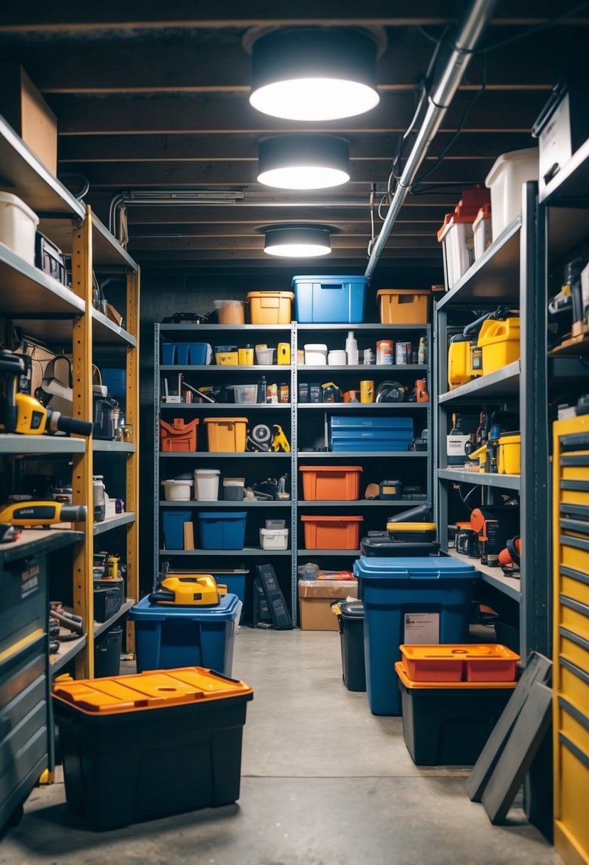 A cluttered basement with shelves, bins, and tools scattered around. A designated tool zone with organized shelves and labeled containers