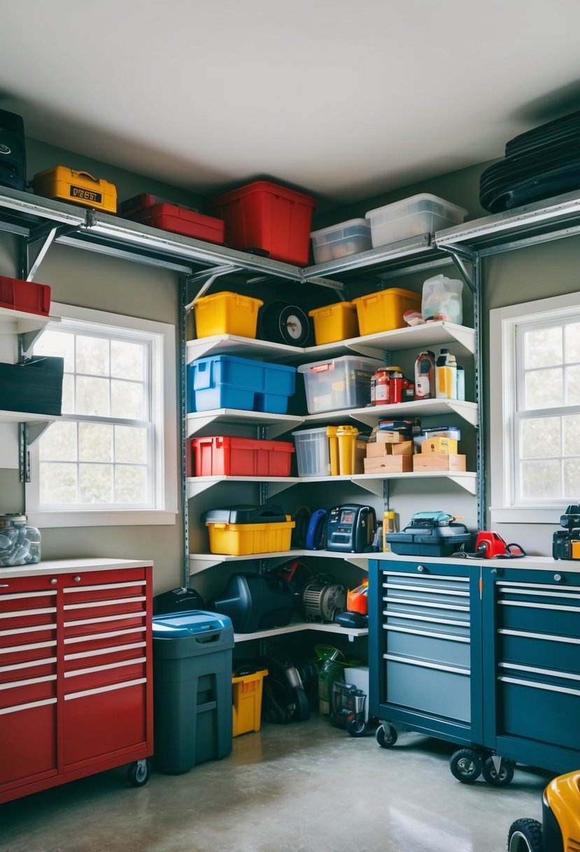 A cluttered garage with corner shelves organized and decluttered, creating a tidy and efficient storage space