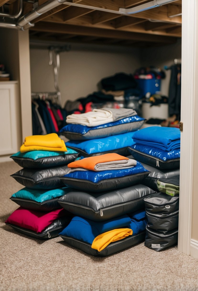 Basement filled with vacuum-sealed bags of seasonal clothing, neatly organized and decluttered