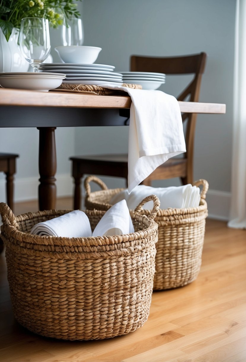 Baskets tucked under dining table, holding extra linens and serving dishes