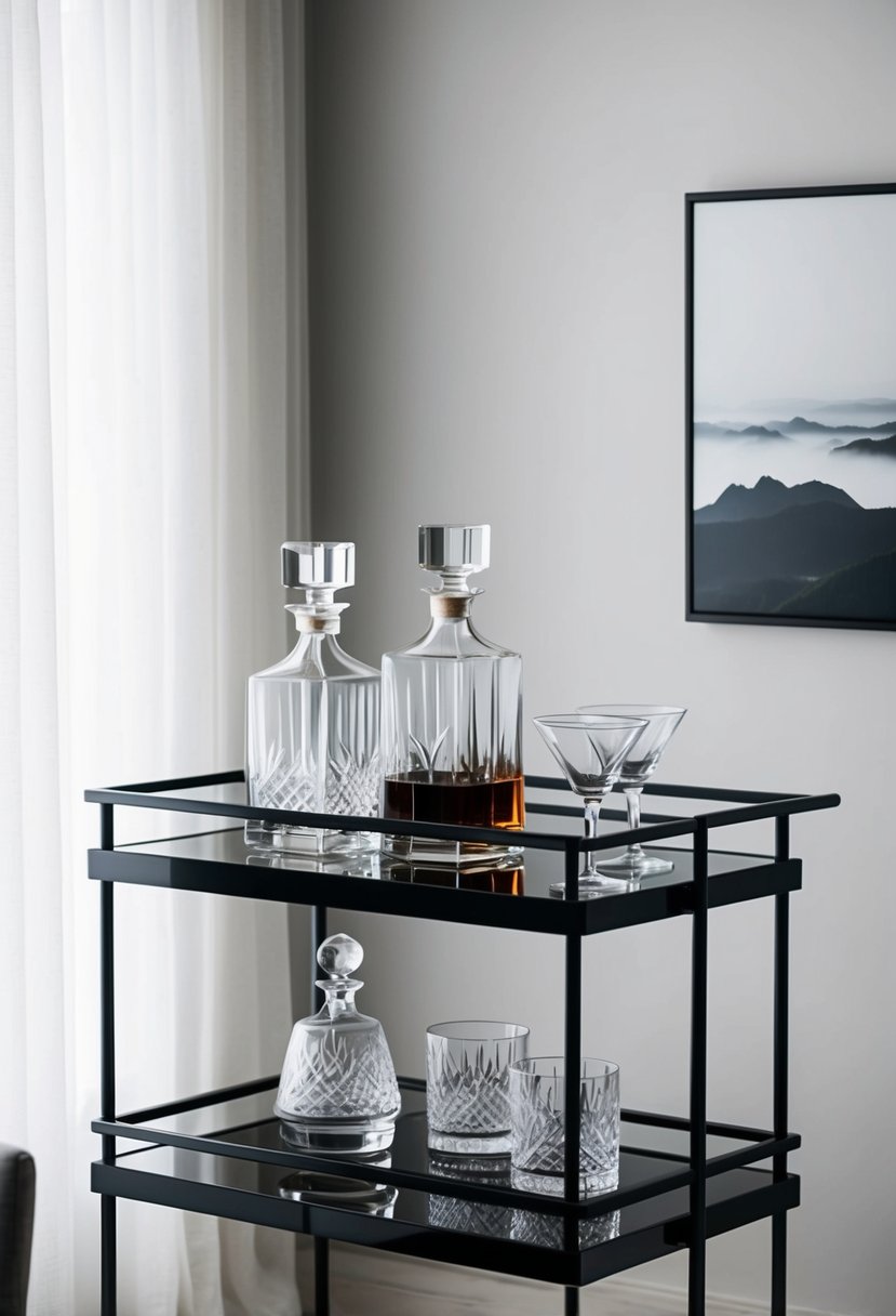 A sleek bar cart with crystal decanters and cocktail glasses sits in a tidy, minimalist dining room