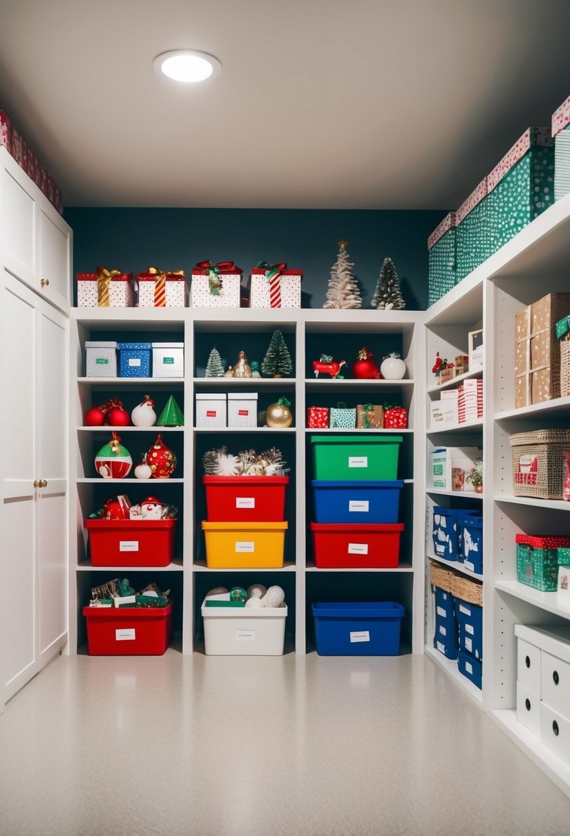Basement shelves neatly organized with labeled boxes of holiday decorations for each season. Clear pathways for easy access